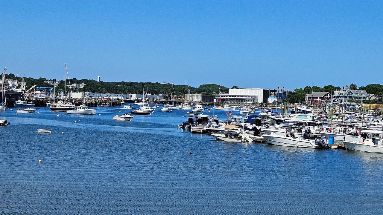 Boats moored in a North Shore harbor with town rooftops beyond the water