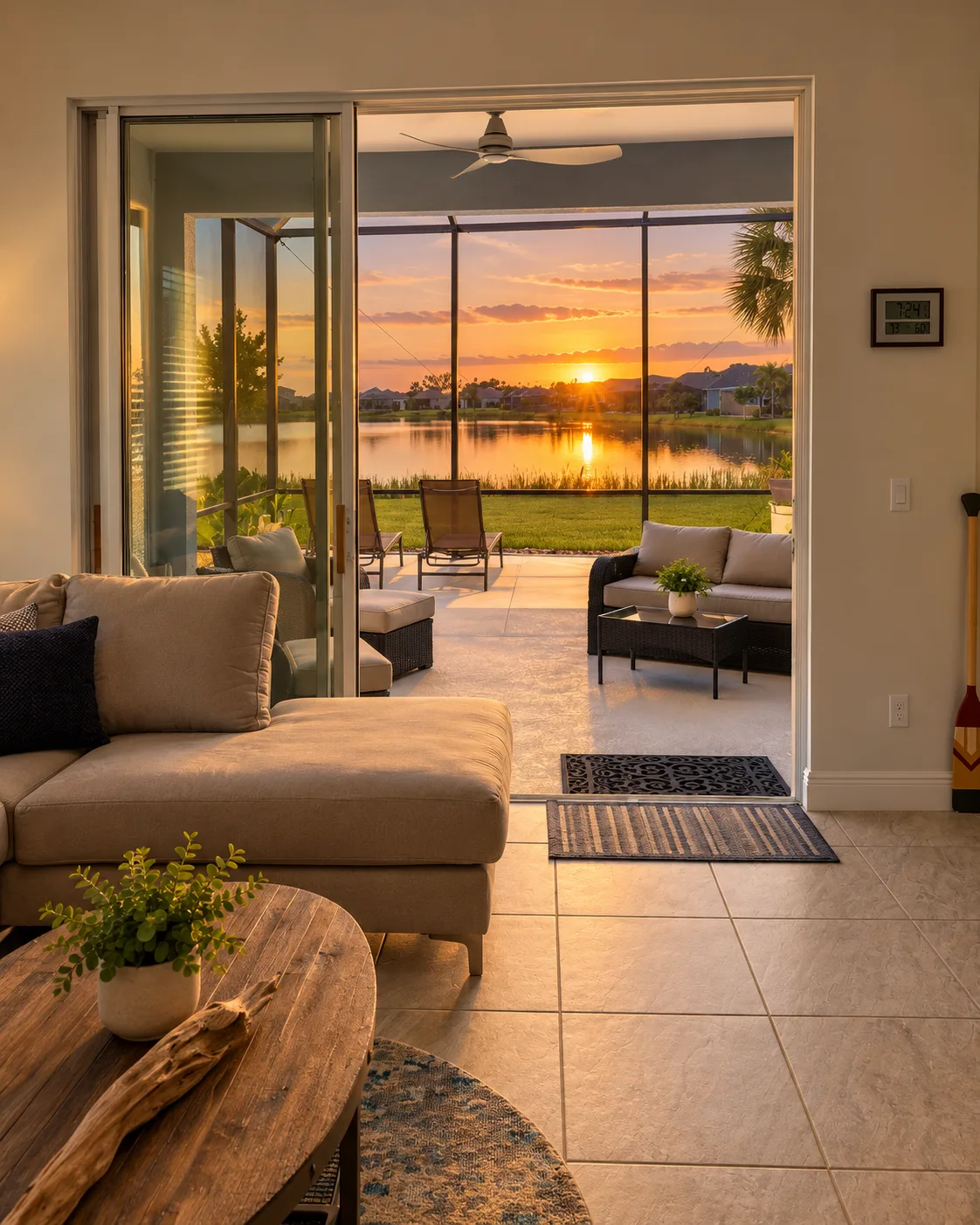 Sunset over the water as seen through the living room and lanai at 4715 Canoe Creek Ave
