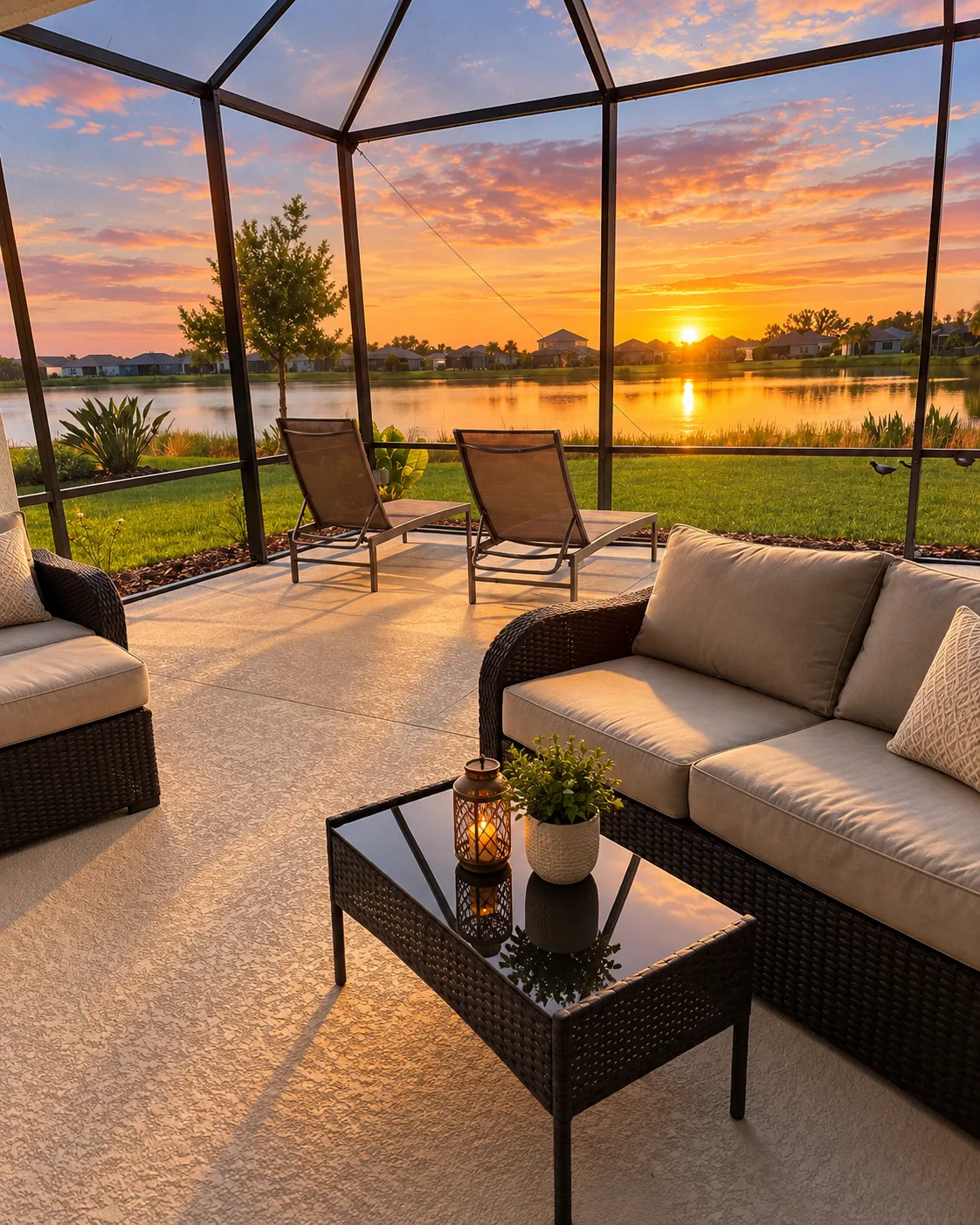 Golden hour light warming the screened lanai with lake views