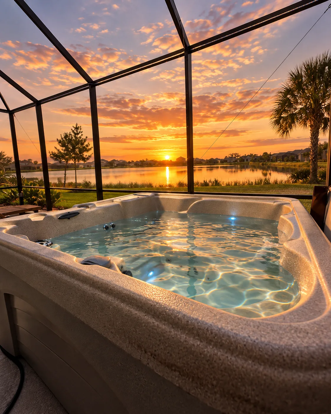 Orange and gold sunset clouds reflected on the water beside the backyard hot tub
