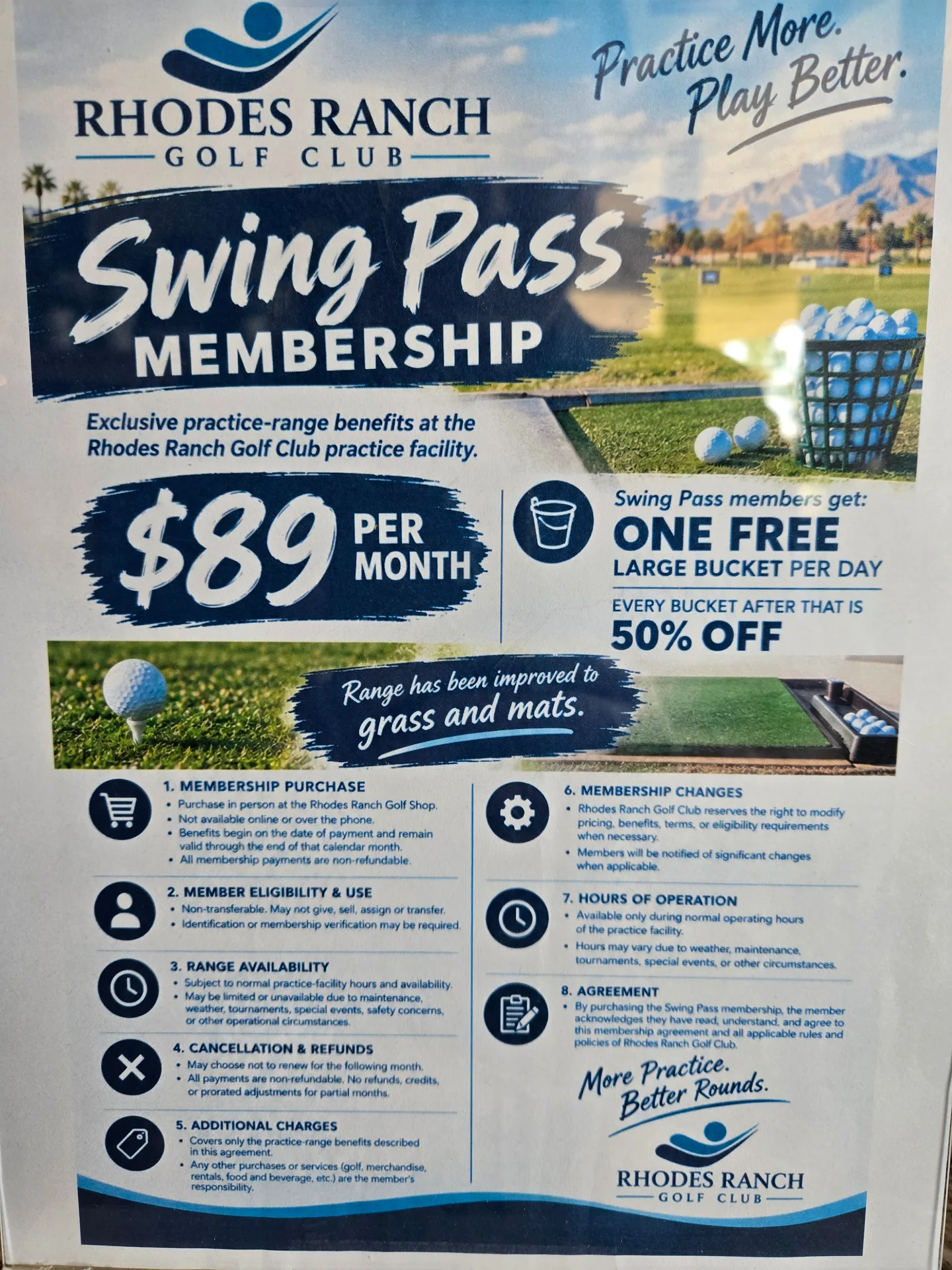 Martin's photo of the Rhodes Ranch Golf Club Swing Pass flyer at the Golf Shop, reading Practice More. Play Better. with the $89 a month membership offer