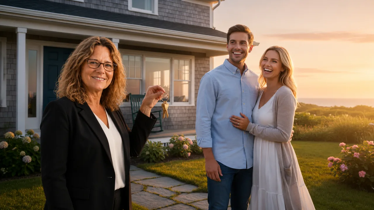 Kathleen hands the keys to new homeowners in front of their North Shore home at golden hour