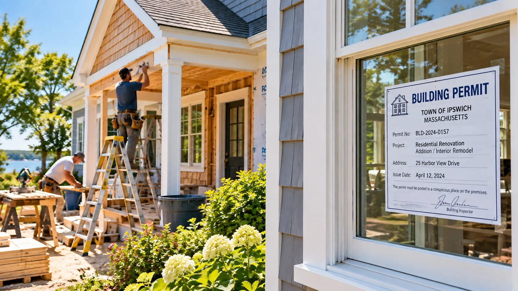 A coastal shingle-style home in Ipswich, Massachusetts, mid-renovation, with scaffolding and a building permit posted in the window