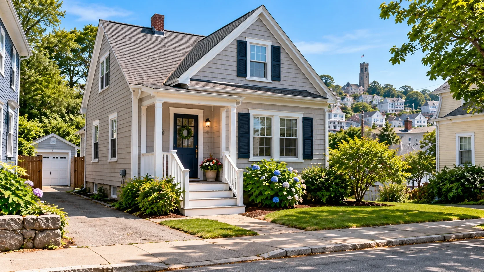 A single-story home with navy blue shutters and a small front porch