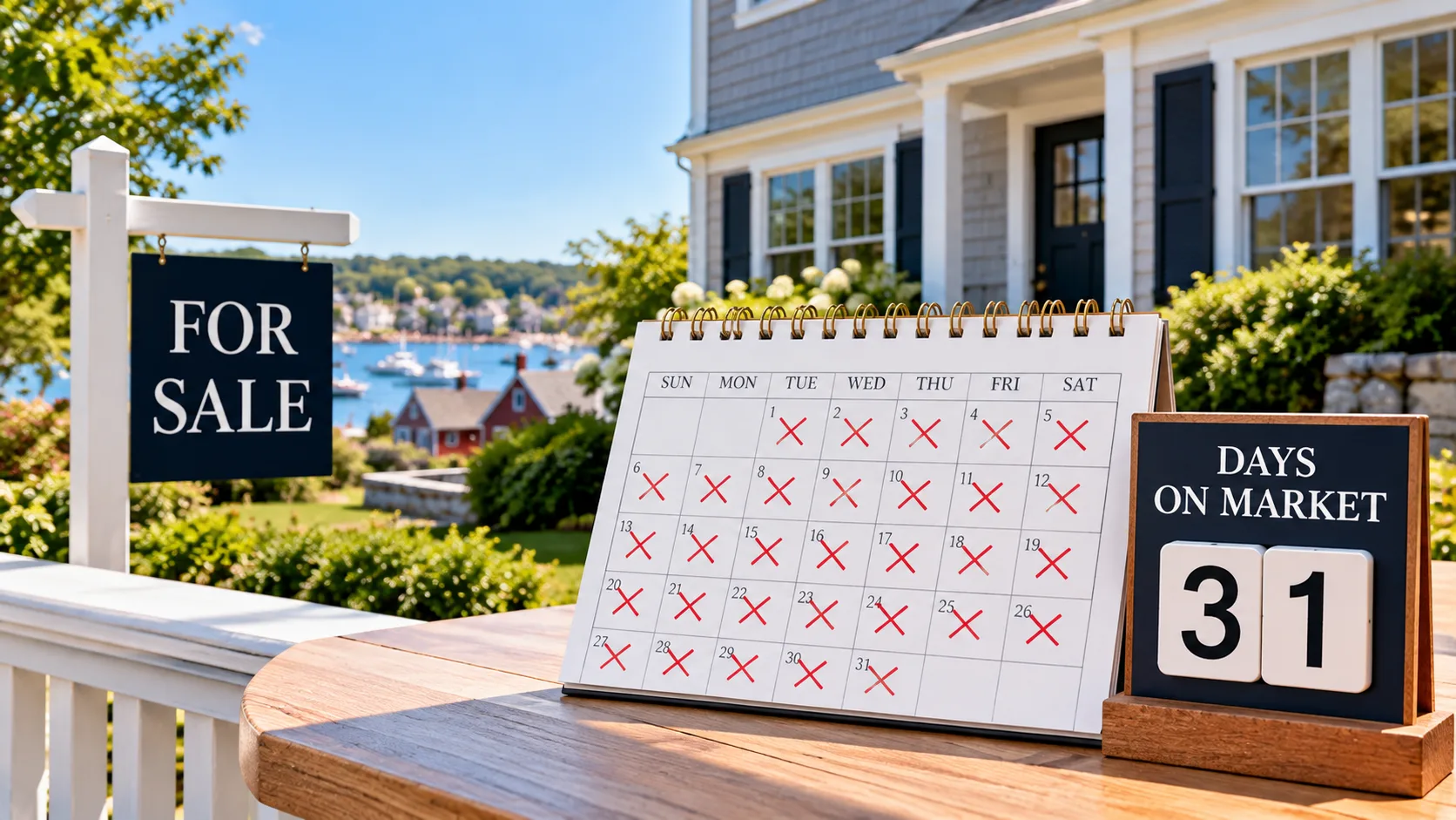 A for sale sign and a days on market calendar in front of a coastal North Shore home
