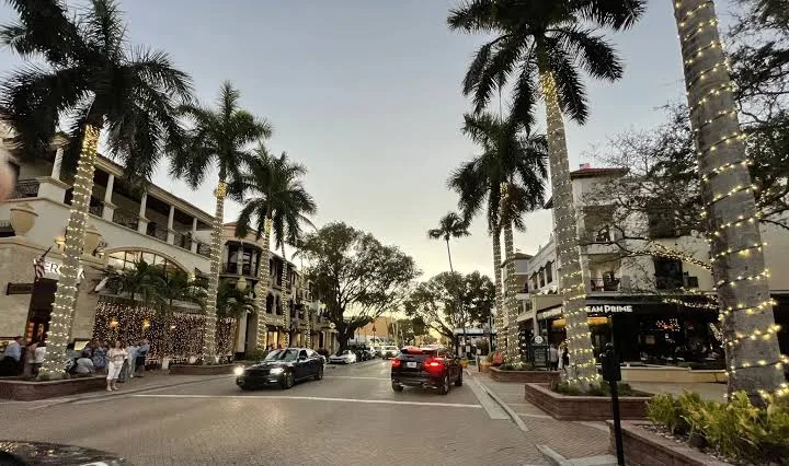 Mediterranean-style street in Olde Naples at twilight with storefronts and string lights wrapped around palm trees along a walkable sidewalk