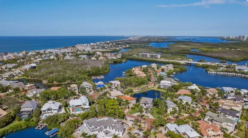 Aerial view of the Bonita Springs waterfront with coastal waterways