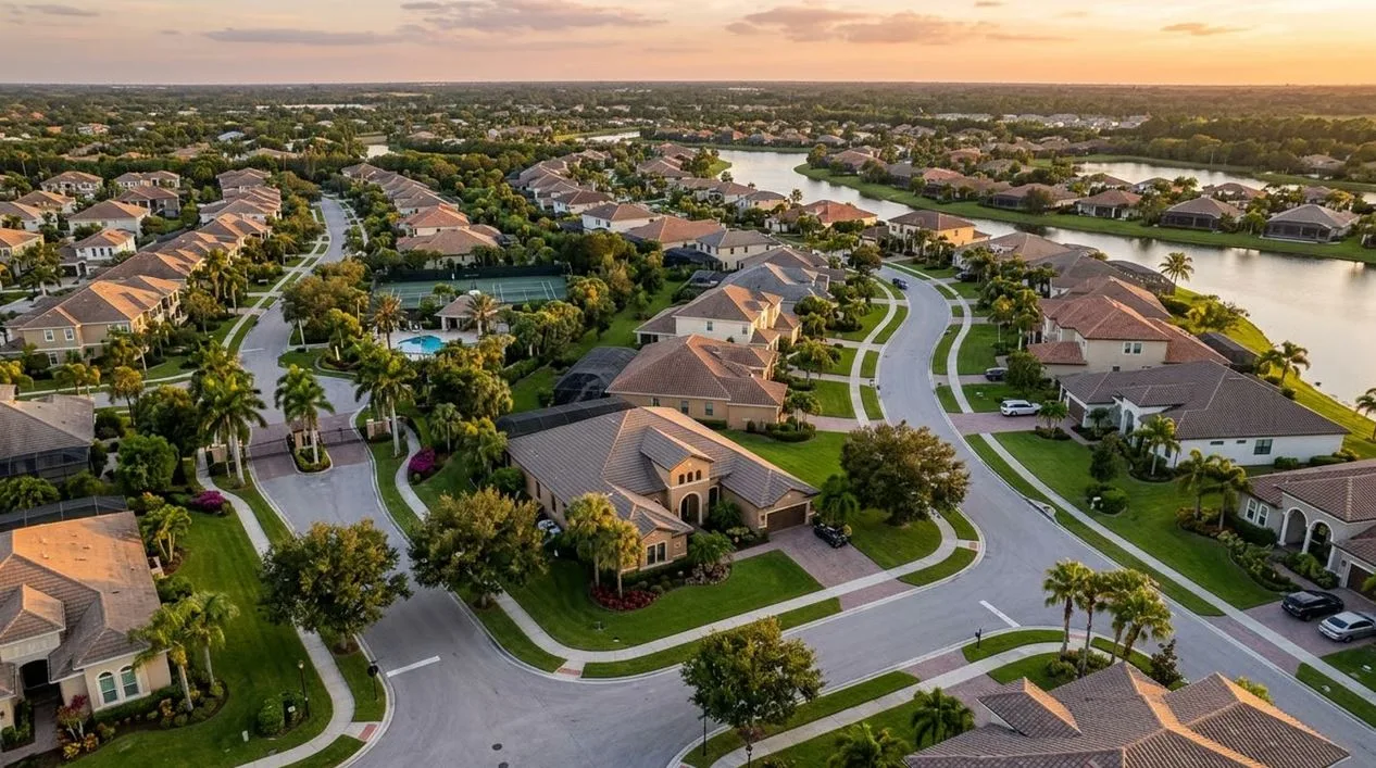 Golden-hour aerial of Mediterranean-style homes with tile roofs and a lake in an Estero community