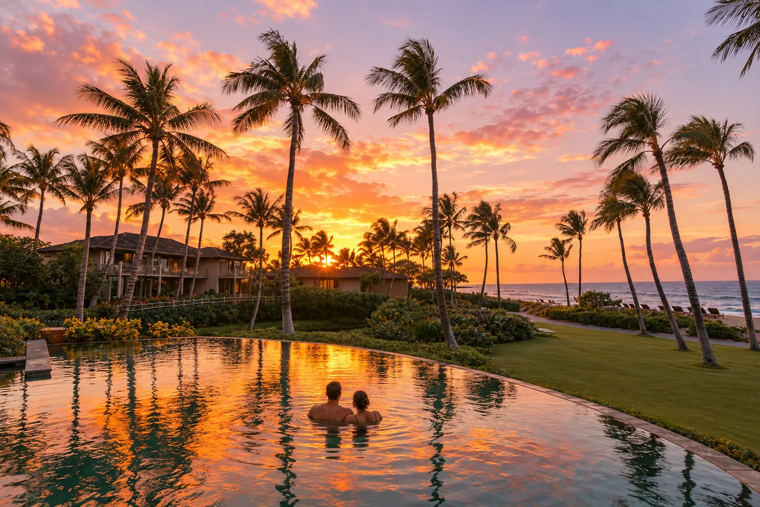 A couple standing in an infinity pool at sunset looking toward the ocean, with tall palms, a manicured lawn, resort buildings, and an orange-toned sky reflected in the water