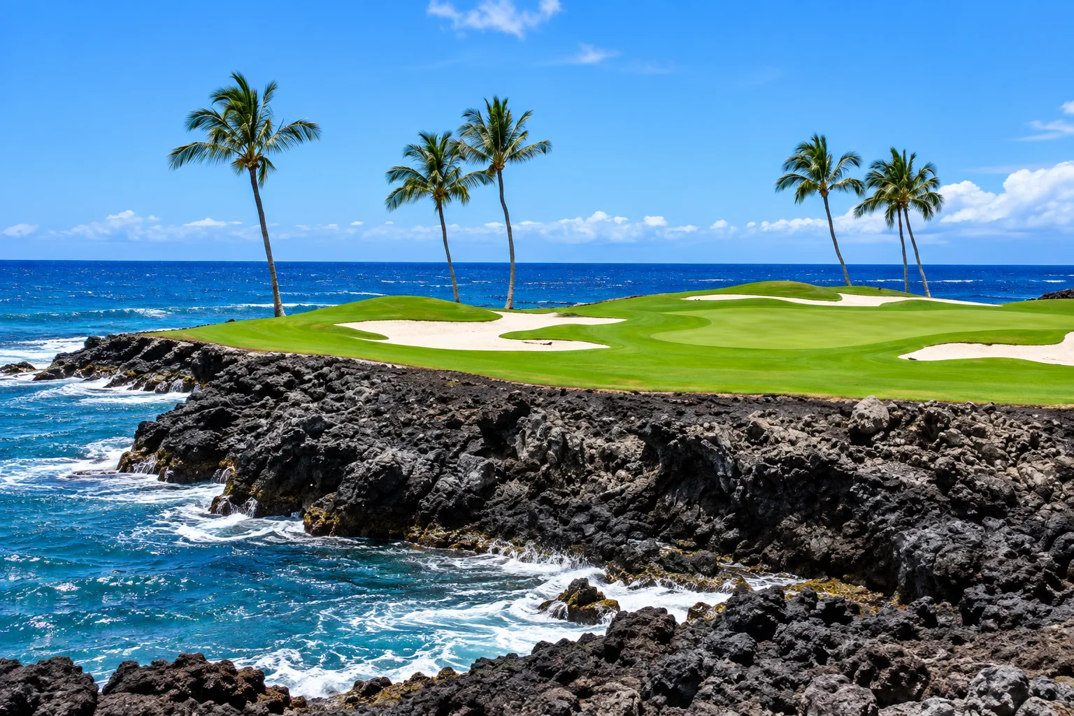 A golf green and fairway with sand bunkers and palms beside a rugged black lava coastline meeting the ocean under a blue sky