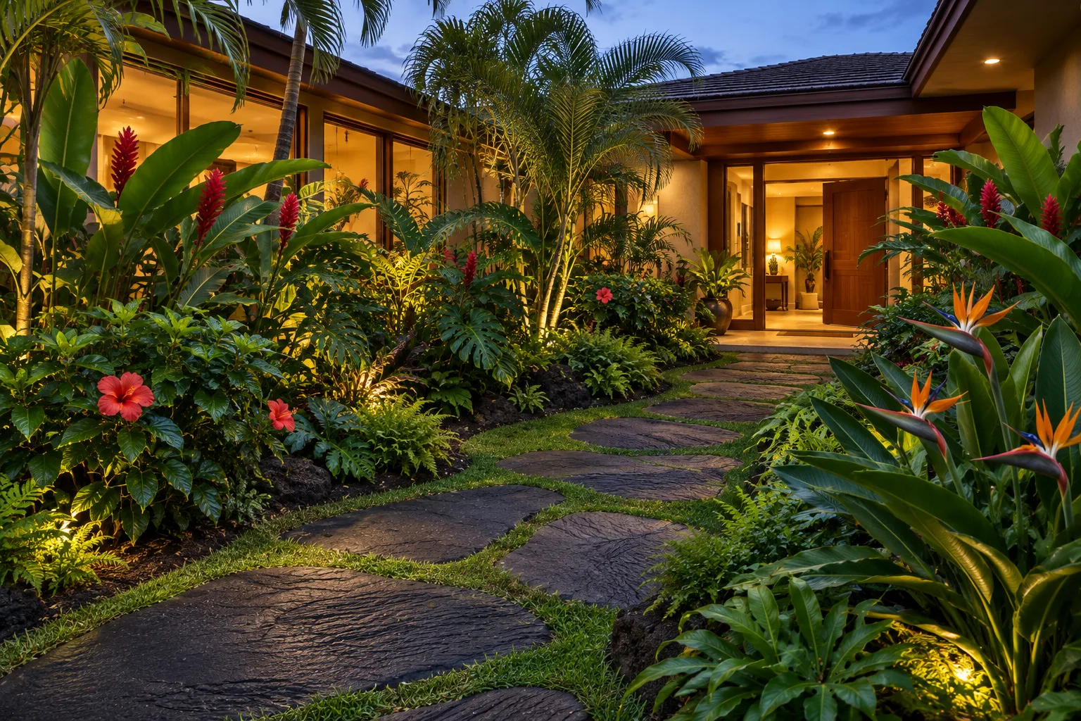 A tropical garden entry with a lava-stone walkway leading to a modern resort home, dense palms, red ginger, and other tropical plants lit by warm evening landscape lighting