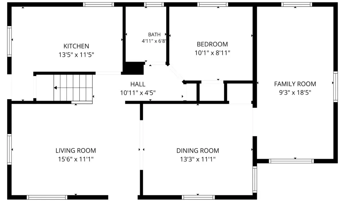 First-level floor plan of 50 Heather Ln showing the kitchen, bathroom, first-floor bedroom, hall, living room, dining room, and family room
