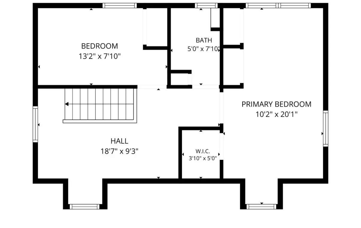 Upper-level floor plan of 50 Heather Ln showing the primary bedroom, walk-in closet, second bedroom, bathroom, and hallway with stairwell