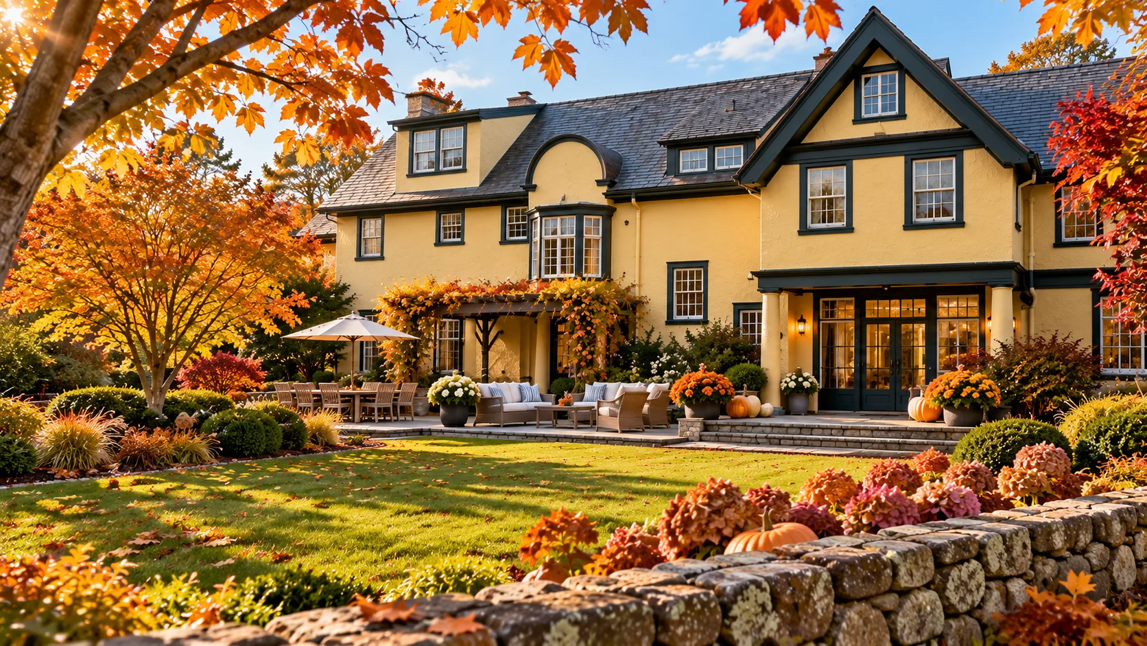 A North Shore backyard in autumn, with golden fall foliage, patio furniture, and pumpkins outside a yellow stucco home