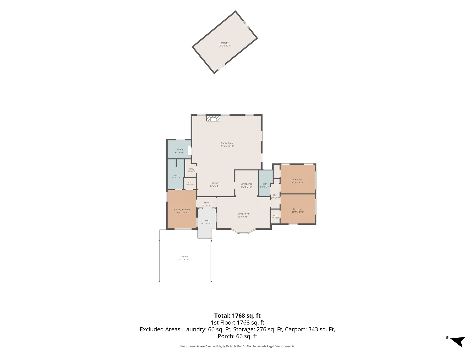 Floor plan of 1211 NW Parkview Blvd showing three bedrooms, two living areas, a kitchen, dining room, laundry, and a separate storage structure