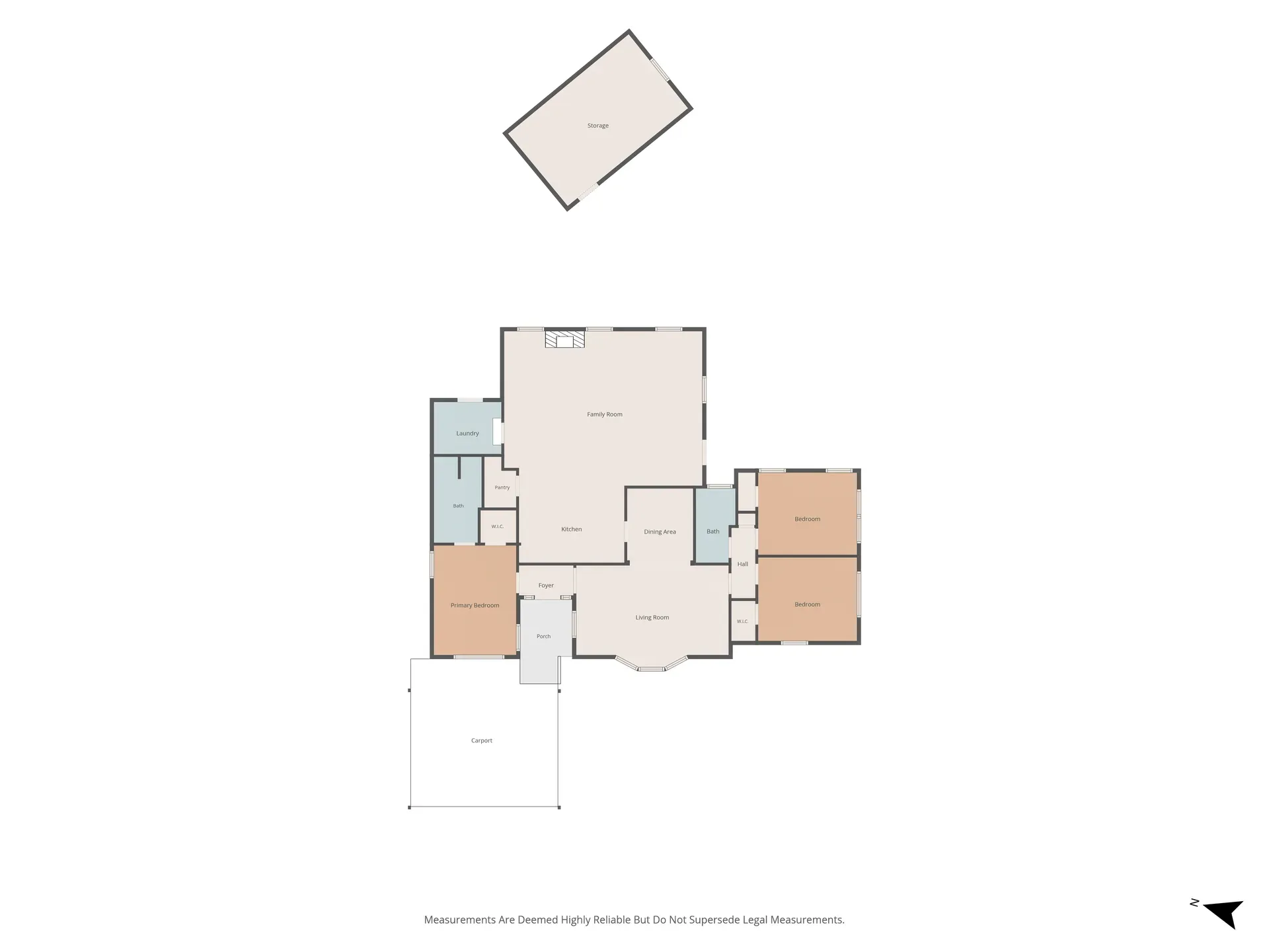 Digital floor plan layout of the property with three bedrooms, two bathrooms, and two living areas