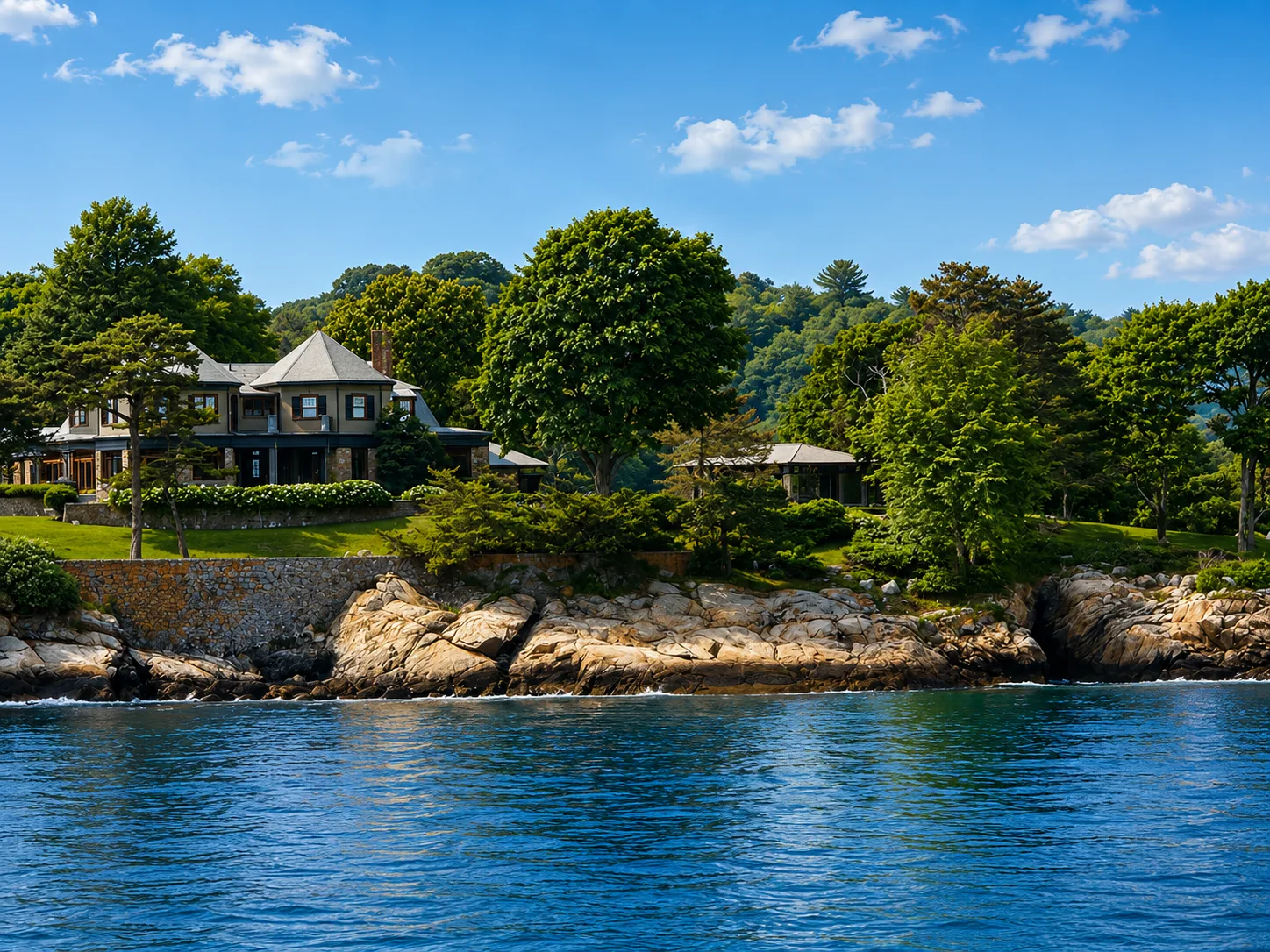 A traditional coastal North Shore estate seen from the water on a clear day
