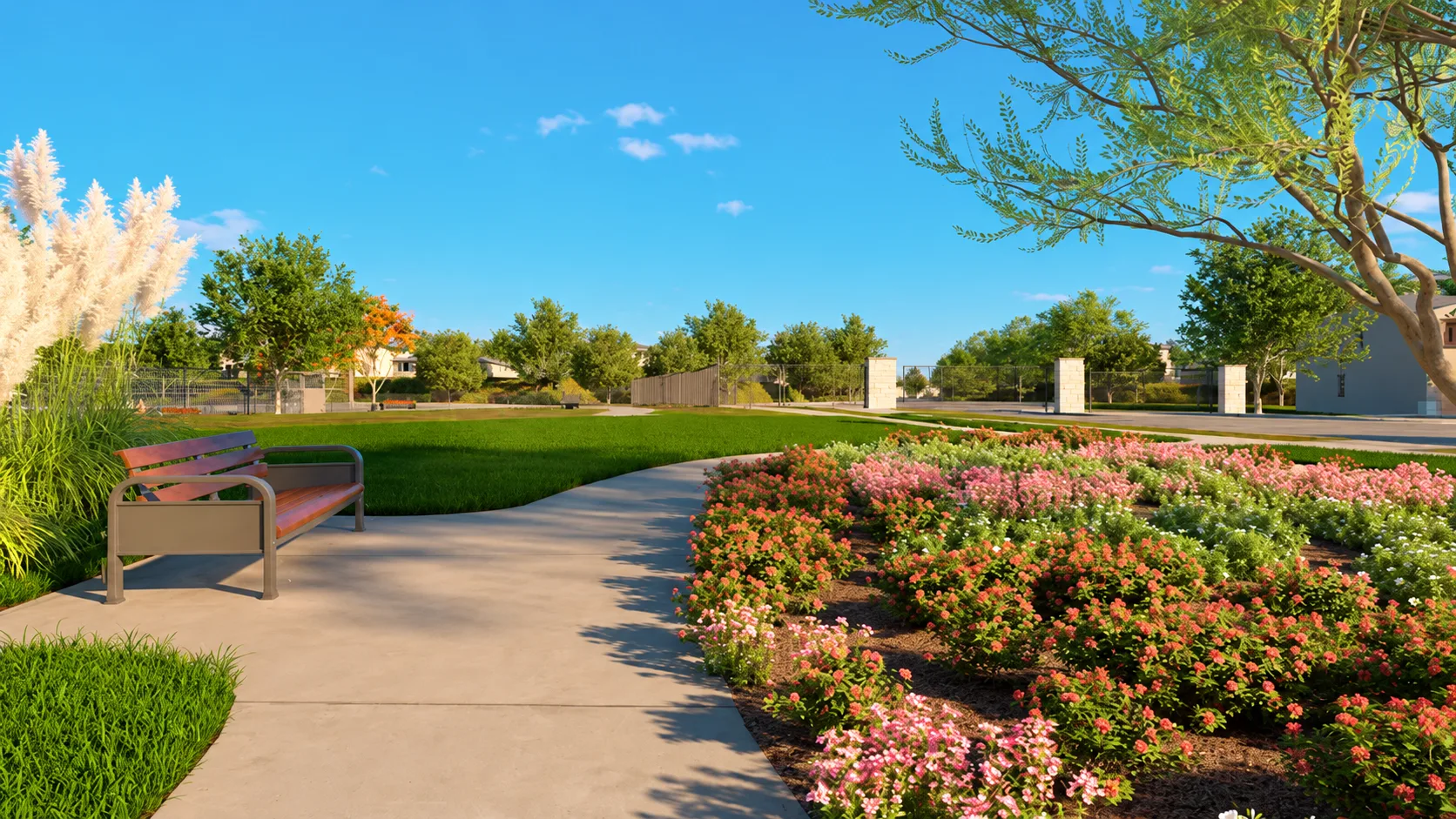 An artist rendering of a landscaped community park with a bench and flower beds at Arbor at Cimarron Ridge in Menifee