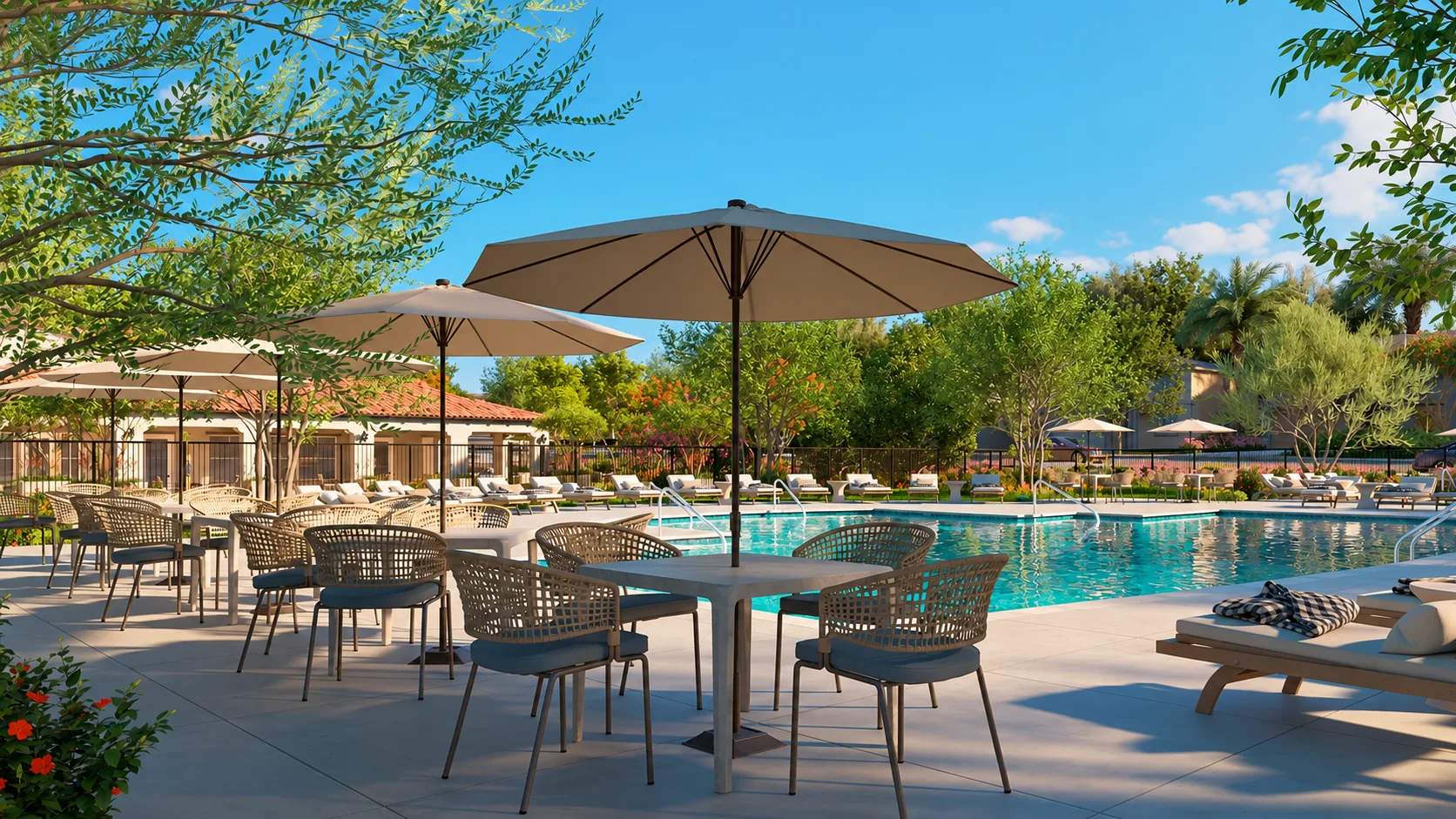 An artist rendering of a community swimming pool with a paved pool deck and landscaping at Arbor at Cimarron Ridge in Menifee