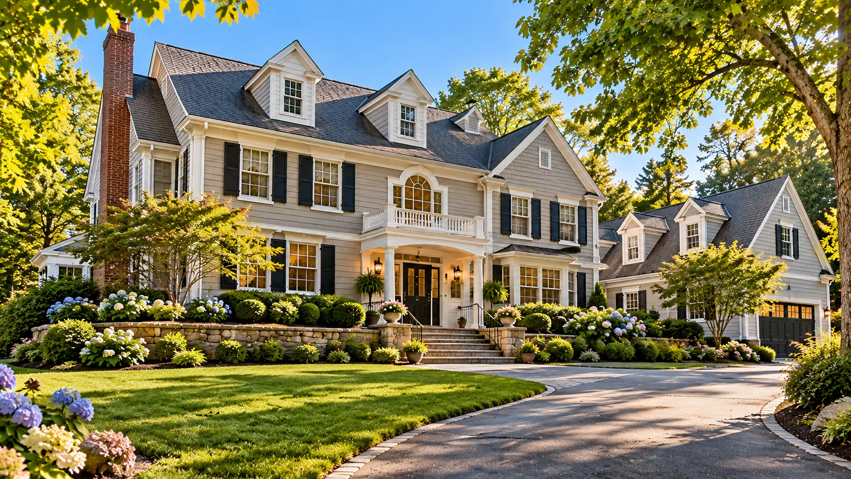 A classic Colonial-style home with a manicured garden, a North Shore classic photographed in full