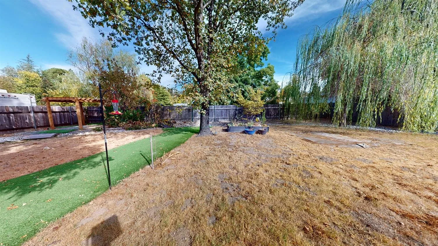Large fenced backyard with mature trees and open lawn at 4589 Volo Mine Dr