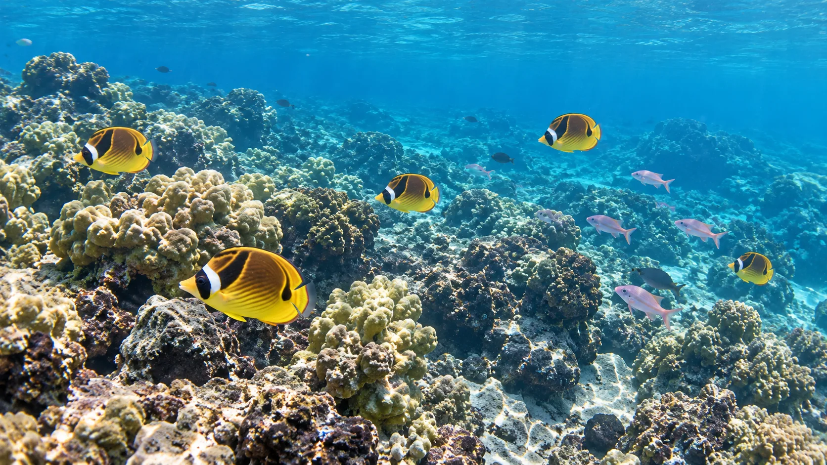 Raccoon butterflyfish swimming above a coral reef in clear, shallow water.