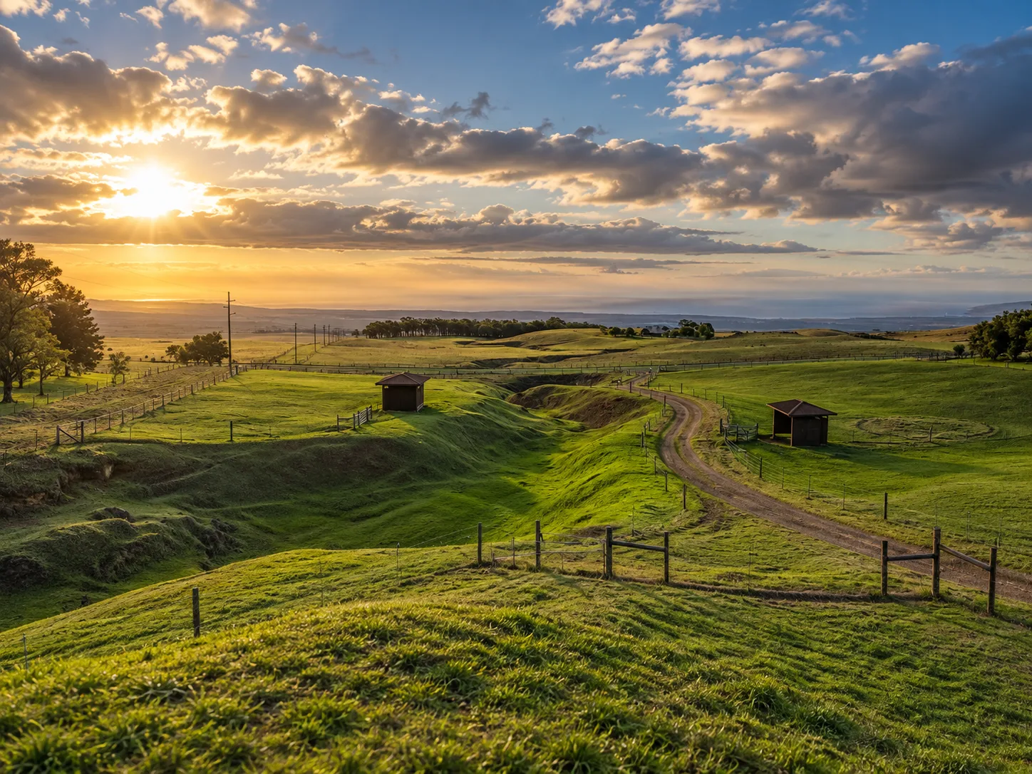 Rolling pastures and fencing at Waikii Ranch in golden evening light
