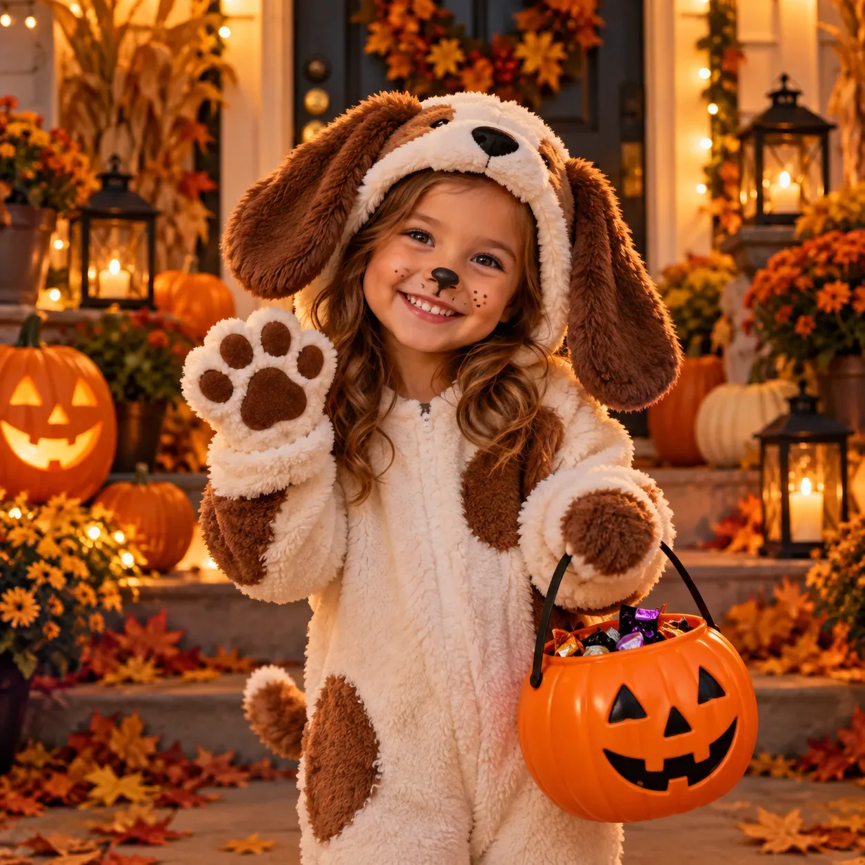 A home's front porch dressed for Halloween with pumpkins, mums, and warm seasonal lights