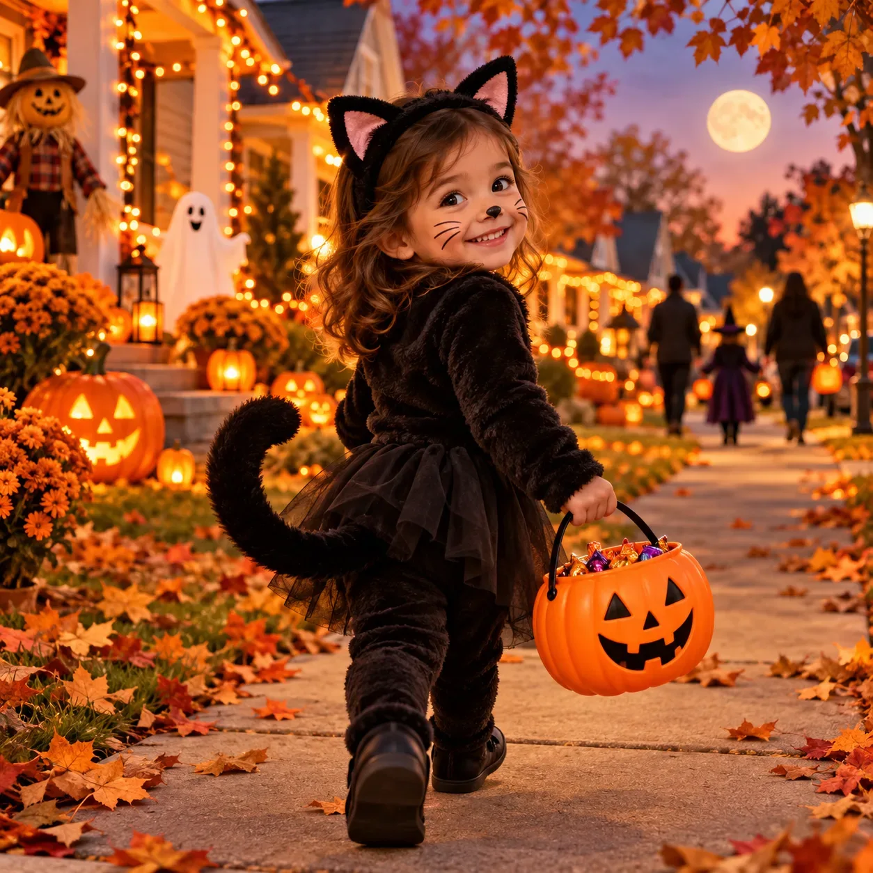 A neighborhood street dressed up for Halloween with decorations glowing in the evening light