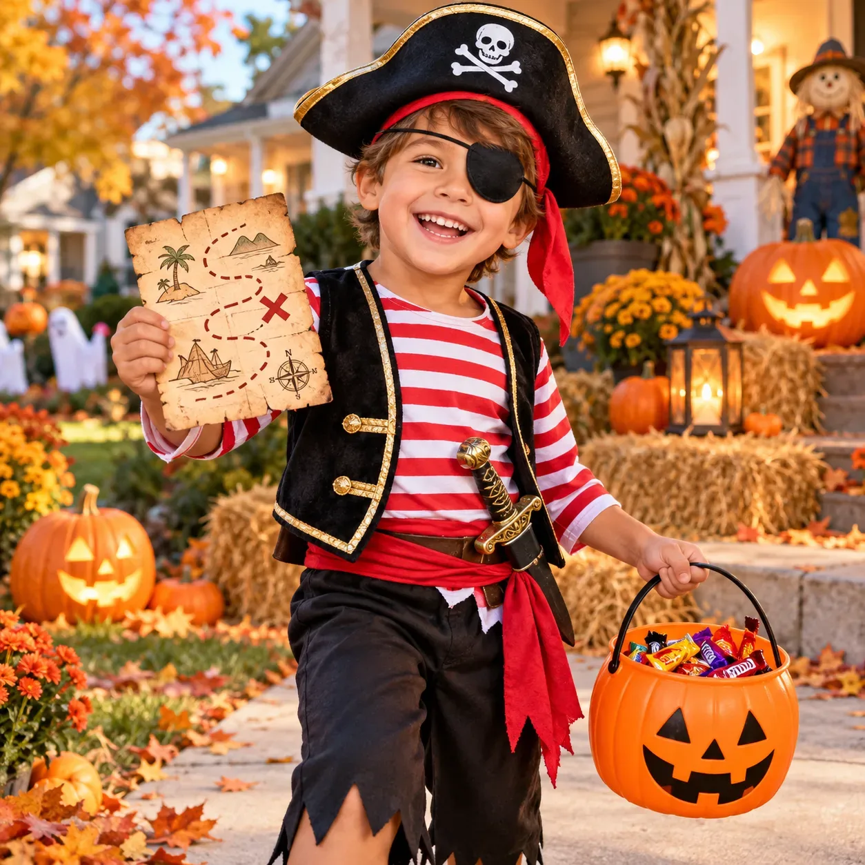 A front yard decorated for Halloween with pumpkins, inflatables, and spooky touches