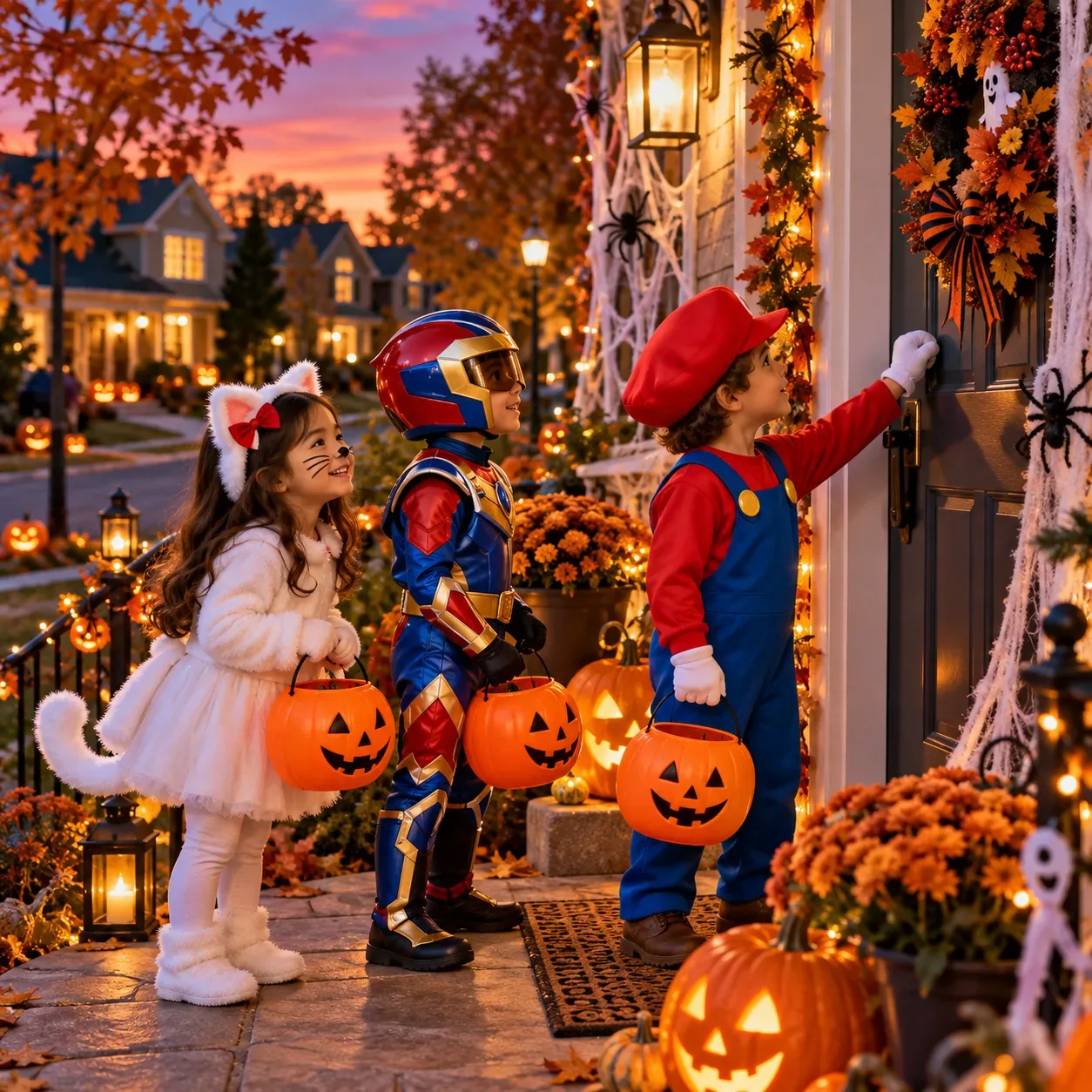 Three children in Halloween costumes trick-or-treating at a house decorated for Halloween at twilight