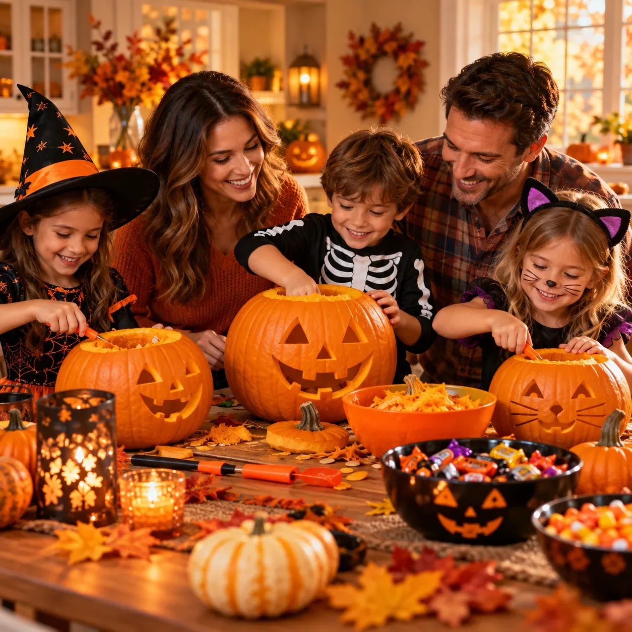 A family carving pumpkins together at a table covered in seeds, scoops, and Halloween treats