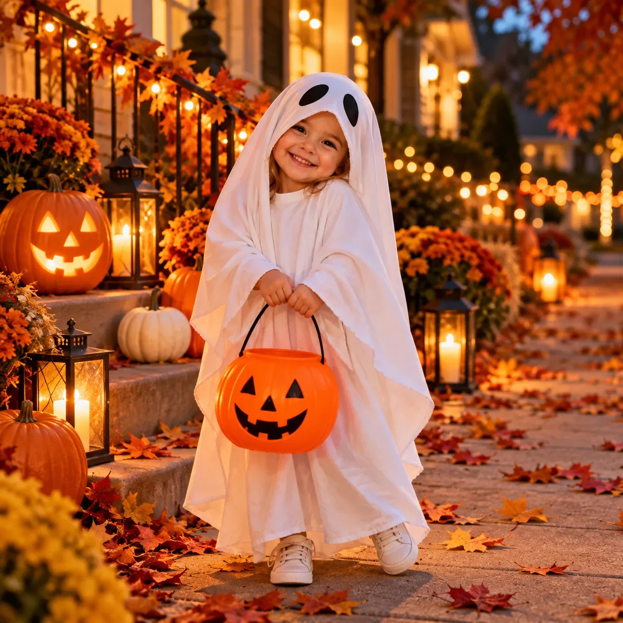 Halloween decorations lining a home's front steps with pumpkins and fall accents