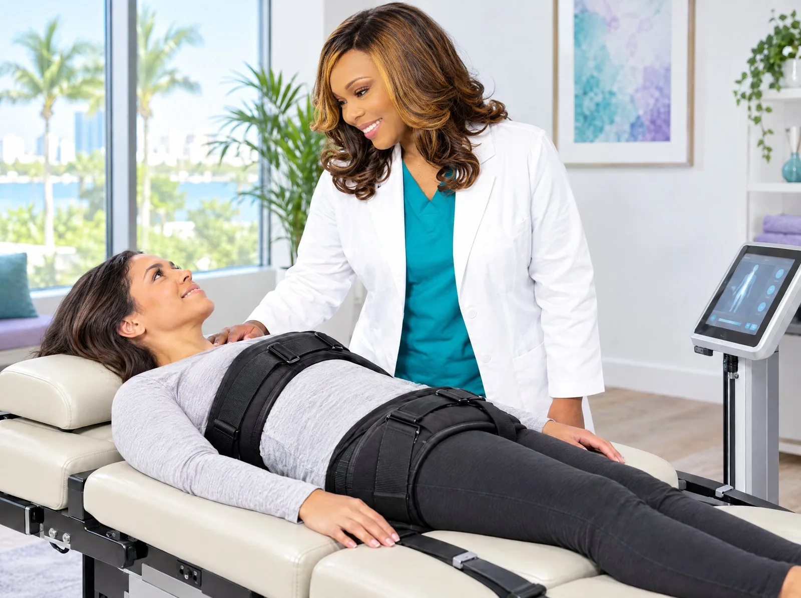 Dr. Lynn Labrousse with a patient during a spinal decompression session in North Miami Beach