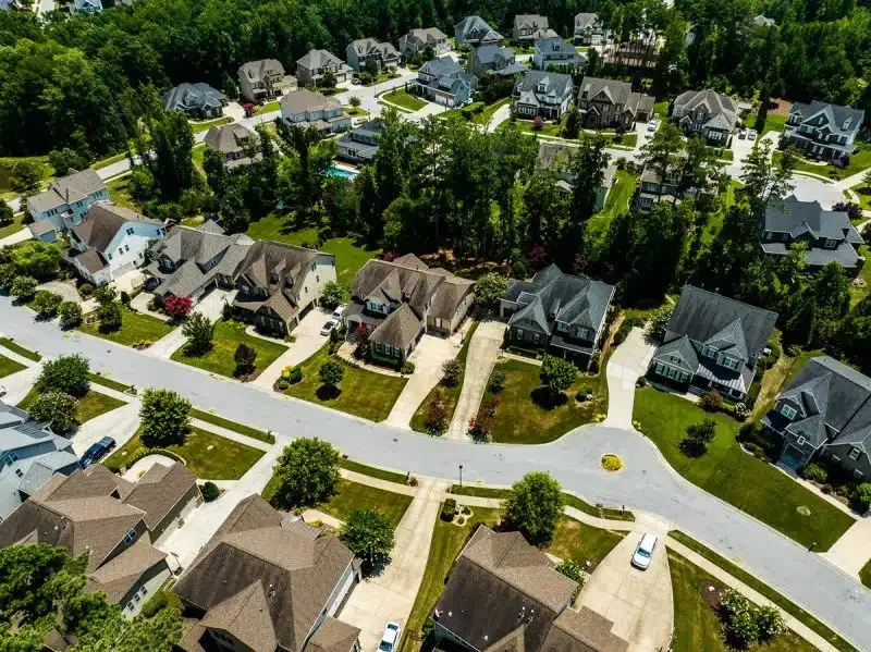 Aerial view of the suburban neighborhood around Bella Casa, Apex NC
