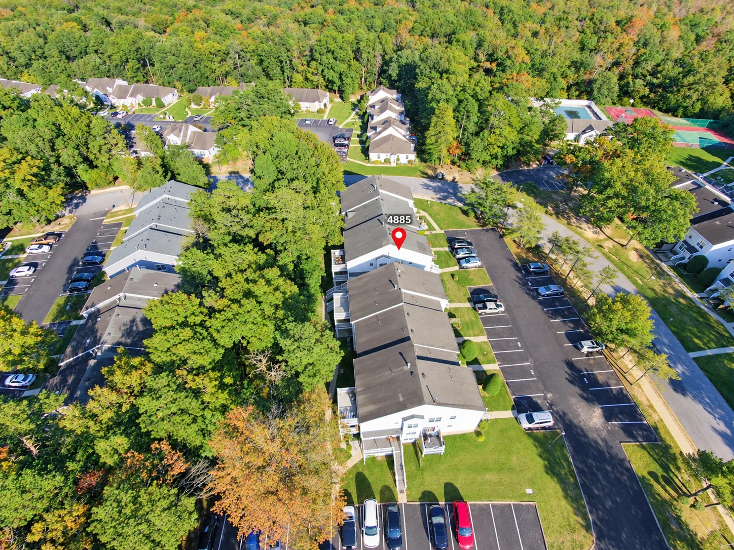 Aerial drone view of the Harding Run II condominium complex