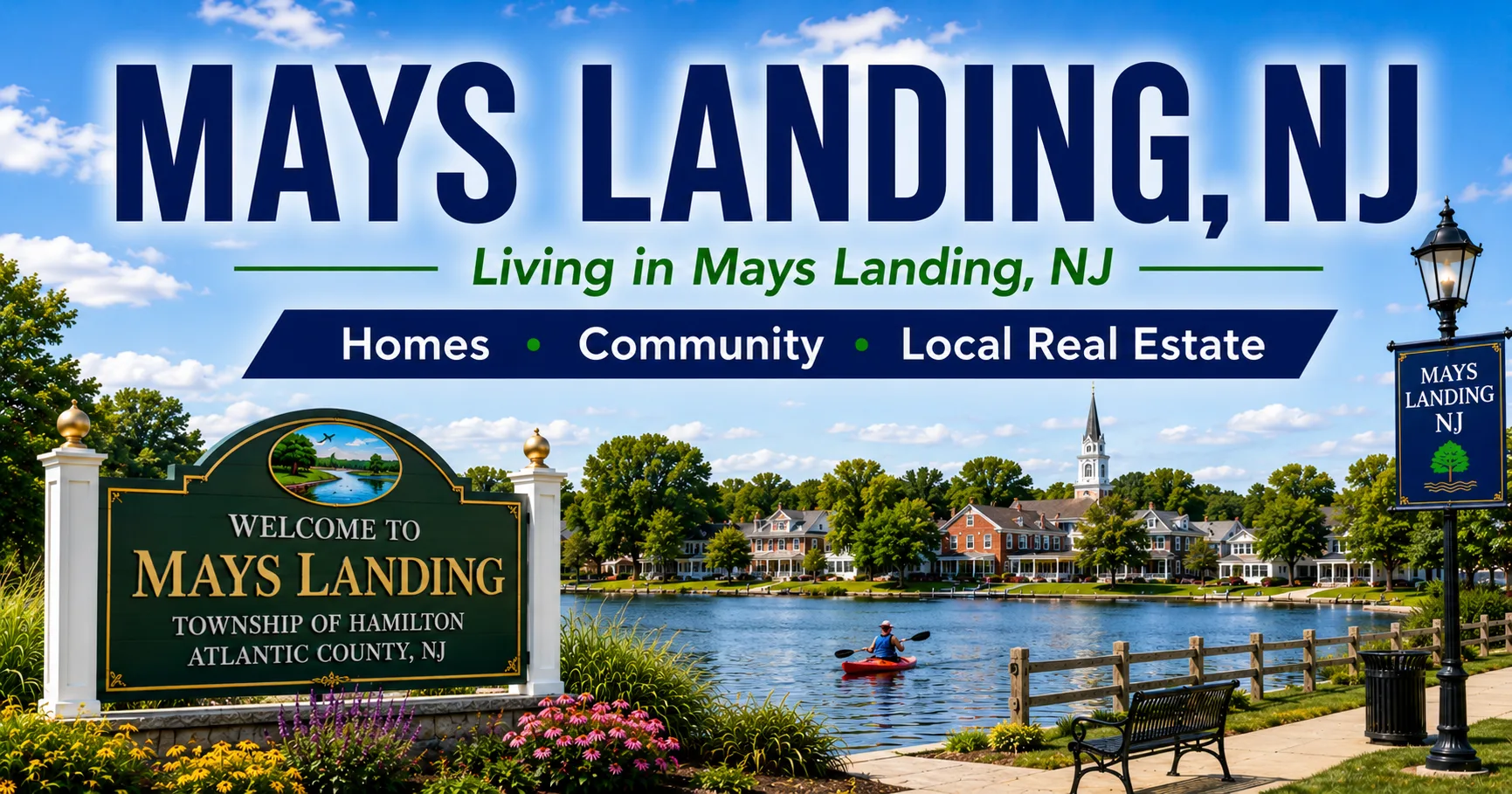 Welcome to Mays Landing sign with the lake and homes in the background