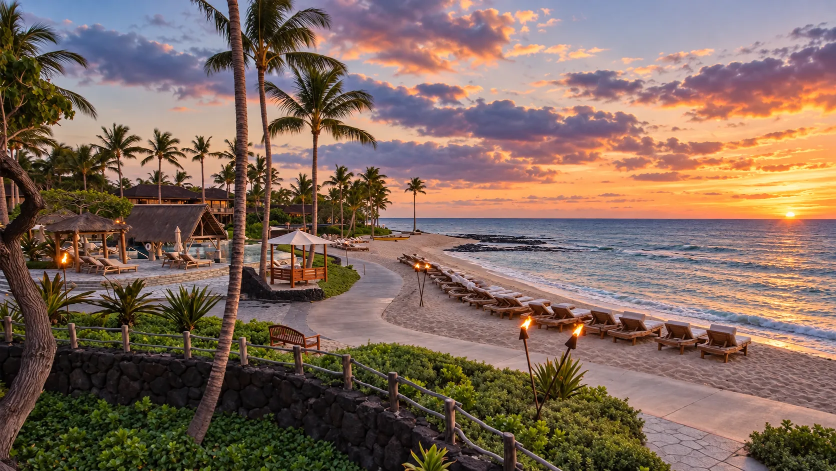 Sunset over the beach at Hualālai Resort.