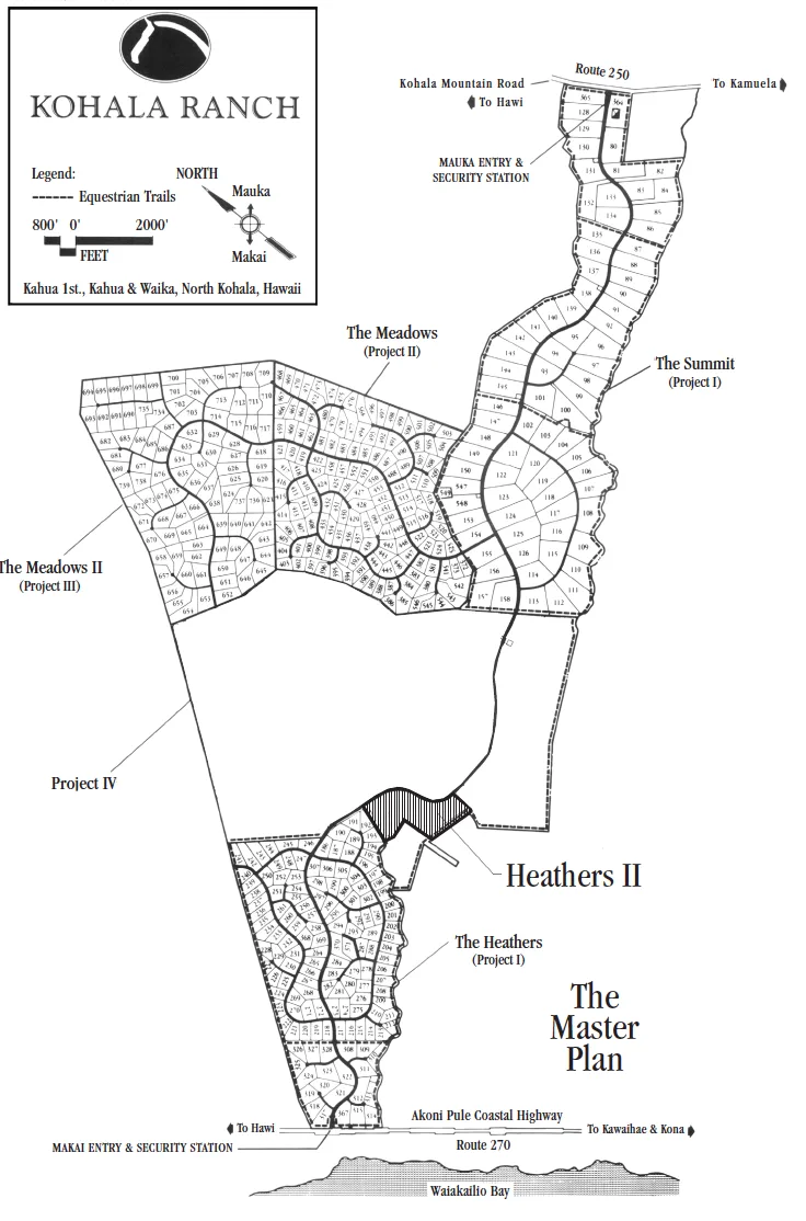 The Kohala Ranch subdivision master plan, showing the gated entries and phases