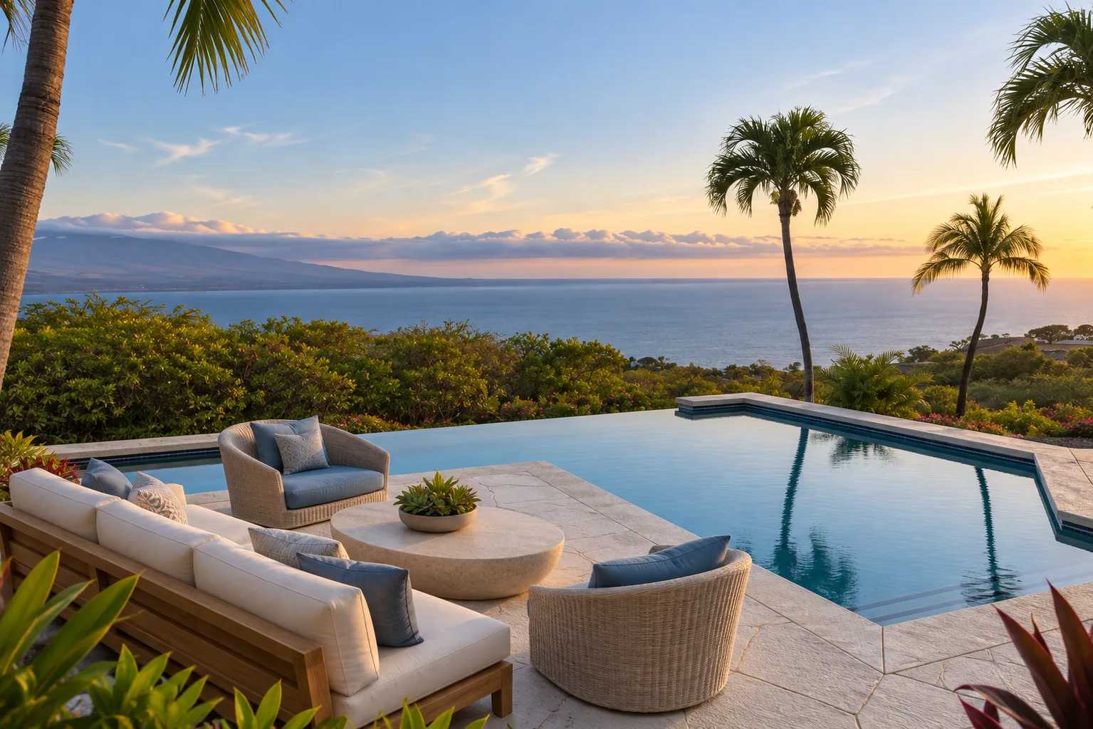 Sunset view from a Kohala Ranch lanai toward the coast, with an infinity pool in the foreground
