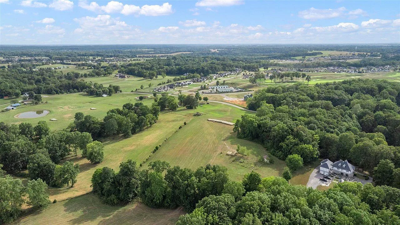 Aerial view of pasture and mature trees with development beyond