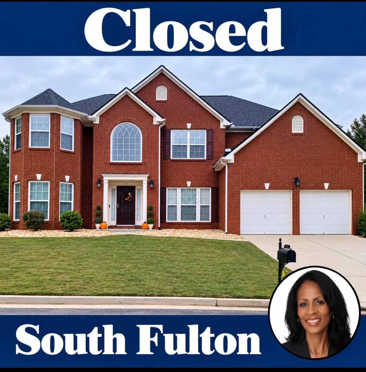 Sold two-story red brick home with white-framed doorway, portico, wreath, and topiaries in Fulton County