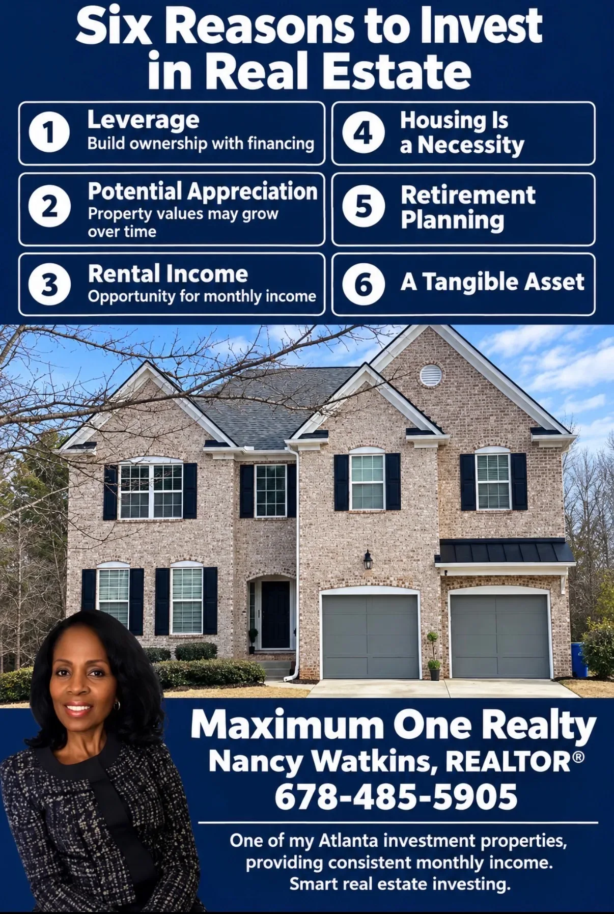 Sold two-story light tan brick investment home with dark shutters and a two-car garage