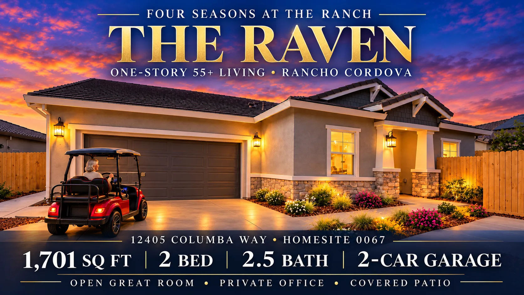 The Raven at Four Seasons at The Ranch at dusk in Rancho Cordova, California, the home facade lit up with a golf cart parked out front