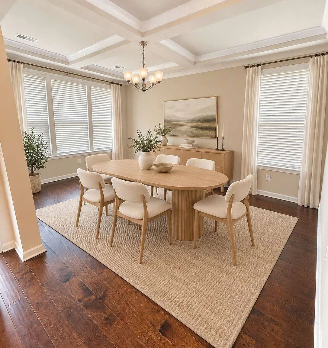 Formal dining room with a coffered ceiling and hardwood floors