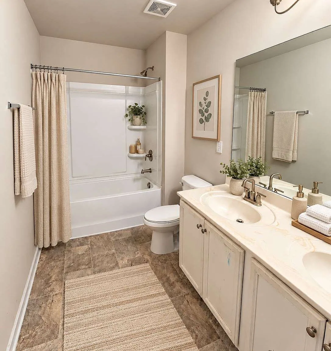 Guest bathroom with a white vanity, large mirror and shower-tub combination