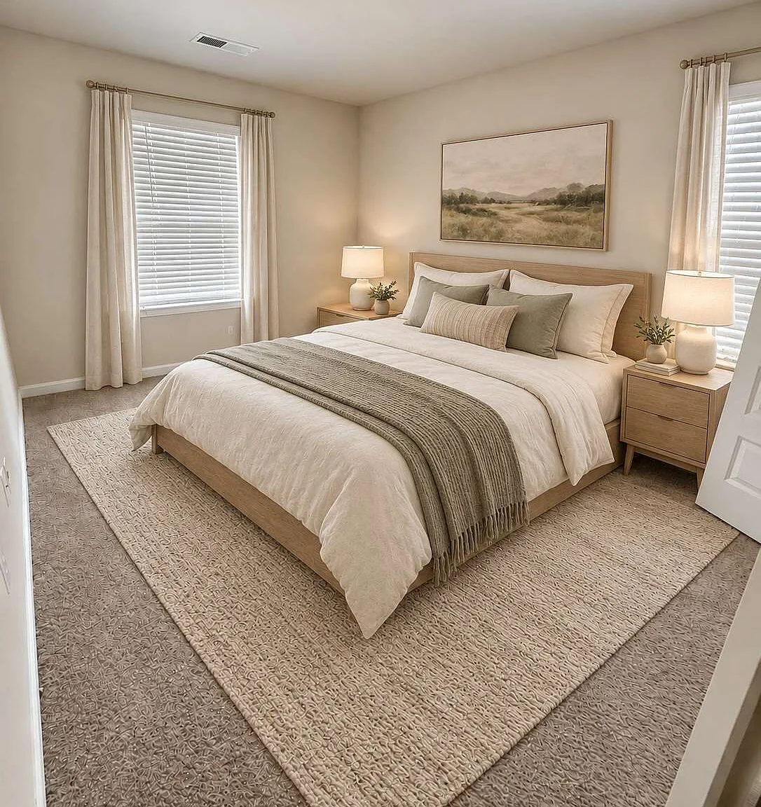 Primary bedroom in neutral earth tones with soft lamplight