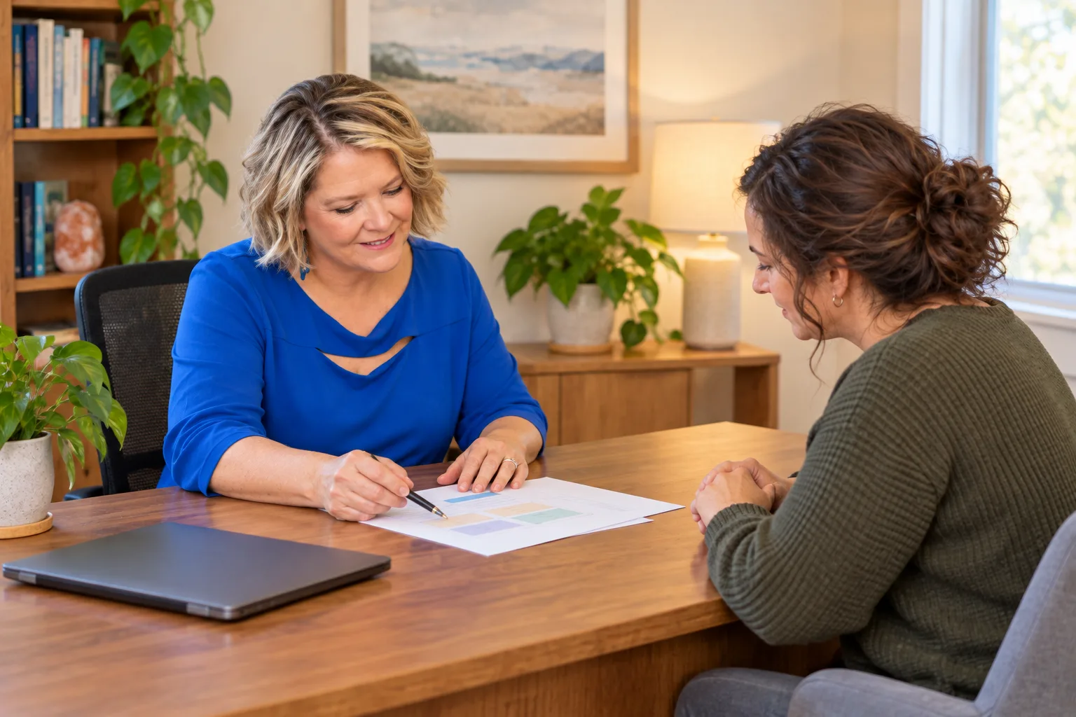 Practitioner and patient reviewing a care plan together at a wooden desk in a calm consultation office
