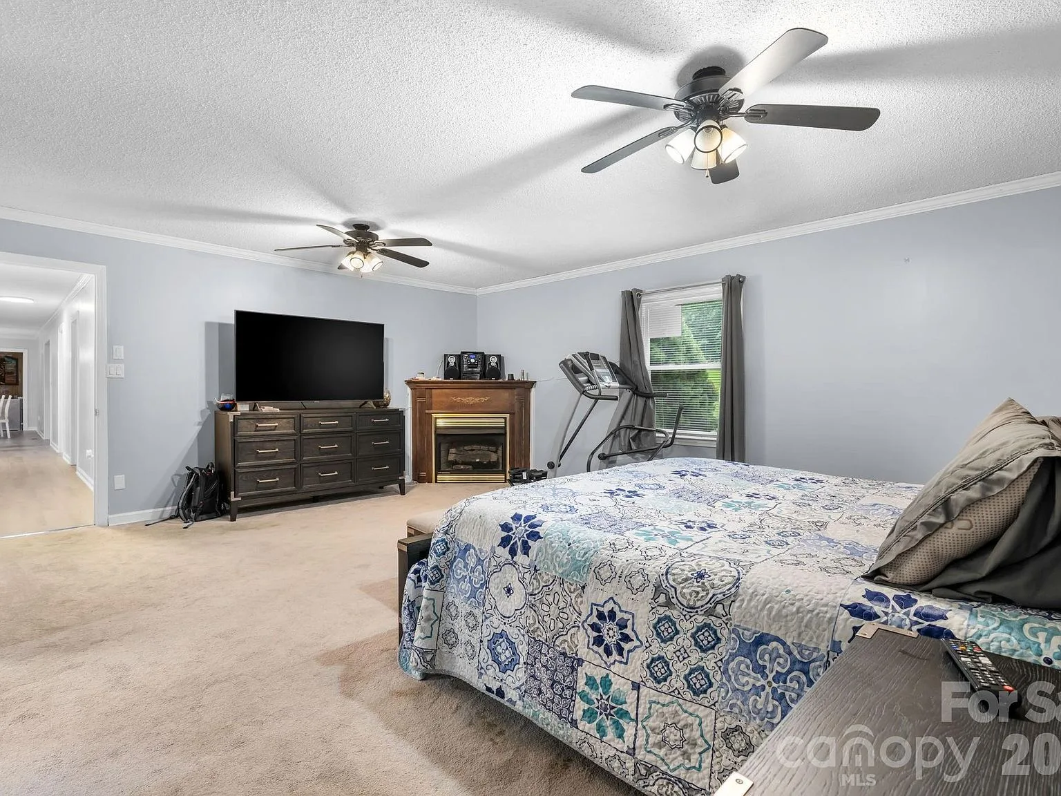 Spacious primary bedroom with carpet, light grey walls, and a large dresser