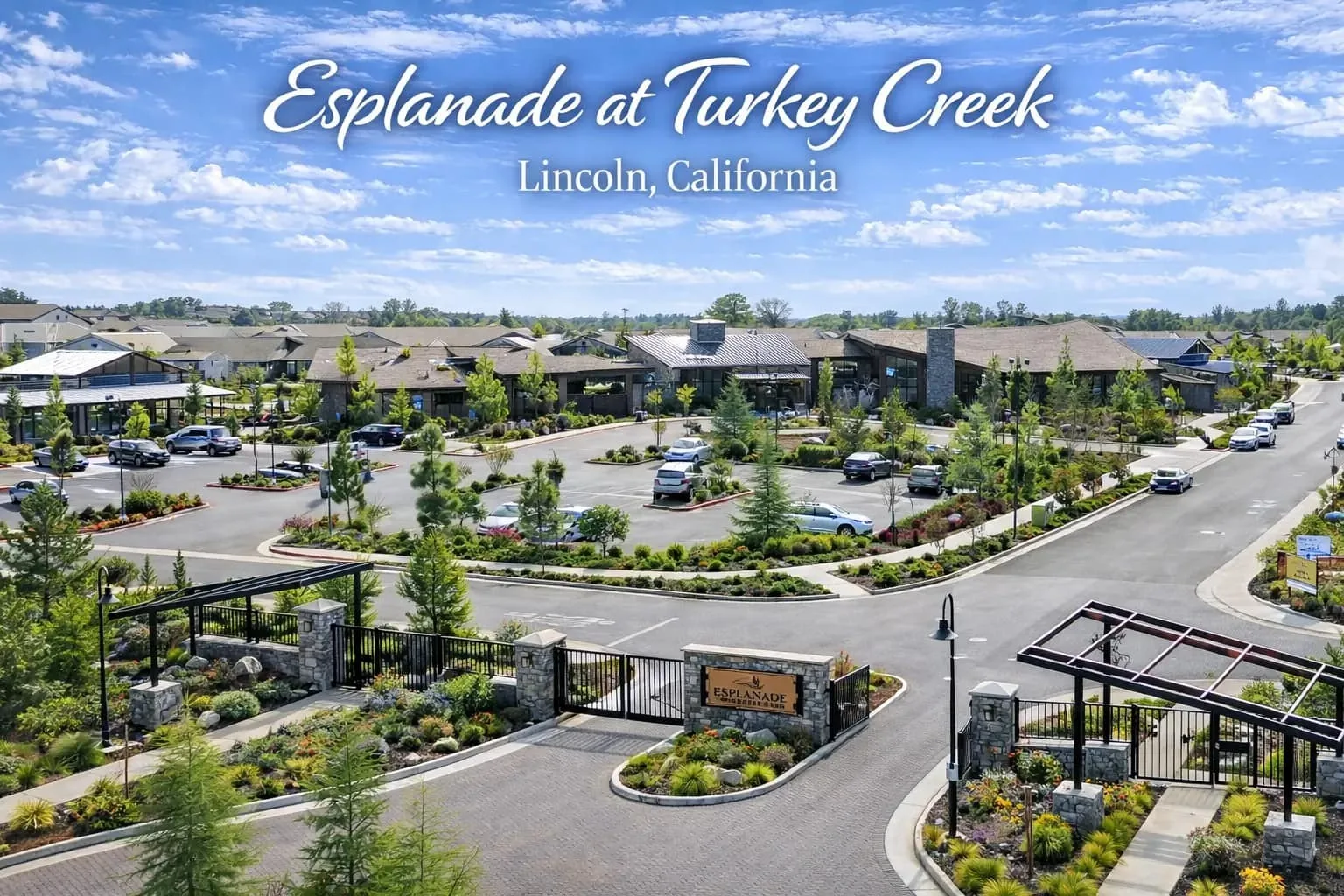 Aerial view of the entrance to Esplanade at Turkey Creek, the 55+ active-adult community in Lincoln, California